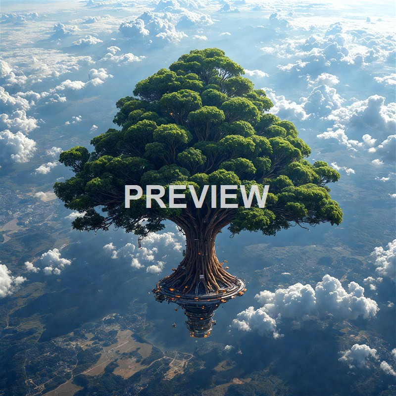 A large, lush green tree with dense foliage is floating in the sky above clouds, with a small platform or structure at its base and a cityscape visible below.